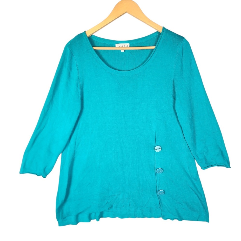 Habitat Top Size Large Teal 3/4 Sleeve Knit Asymmetrical Button Accent